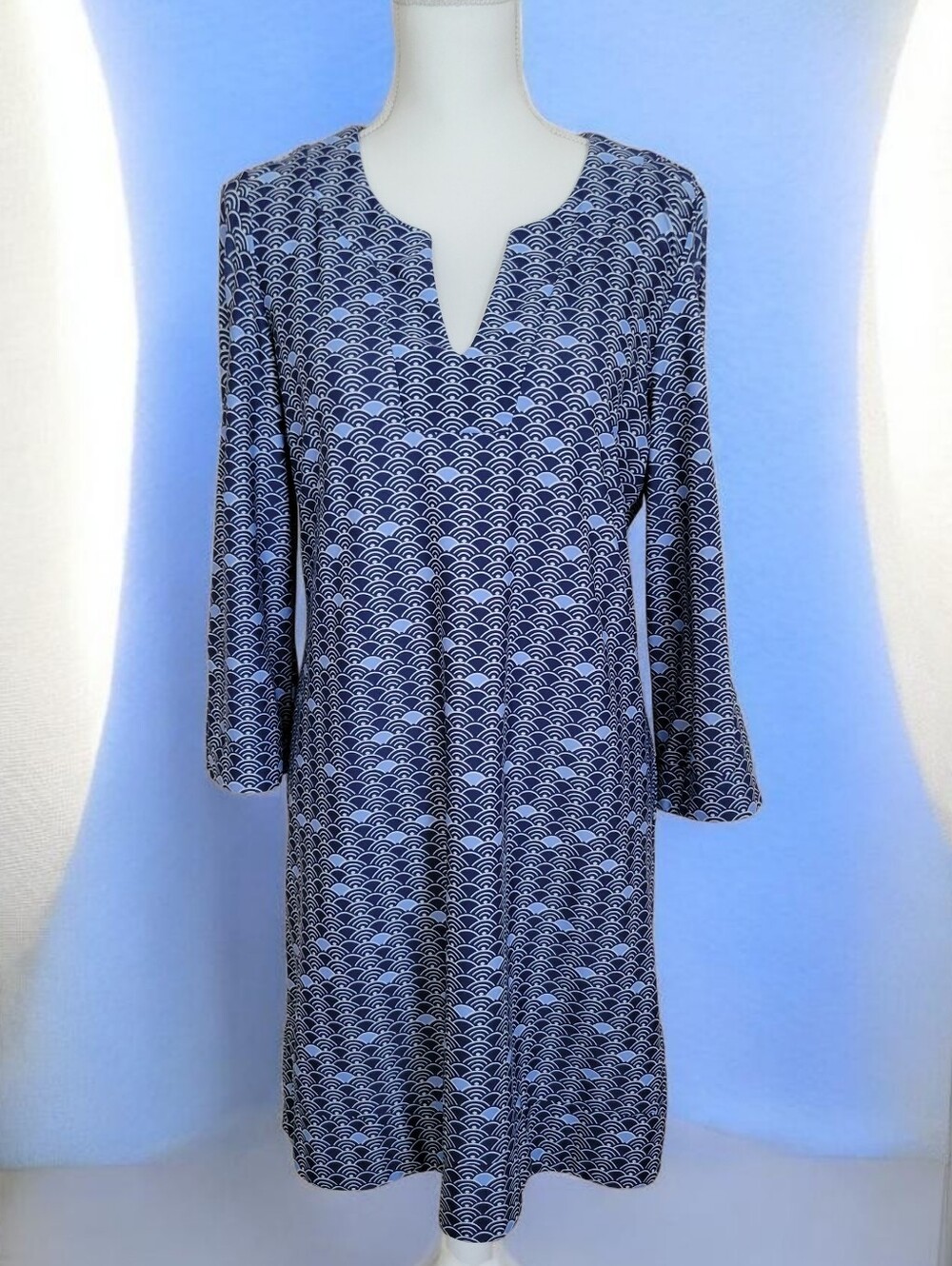 Jude Connelly Kelly Shift Dress in Blue Geometric Design with Bell Sleeves